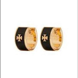 New Tory Burch Gold ,Black Enamel Small Huggie Hoops